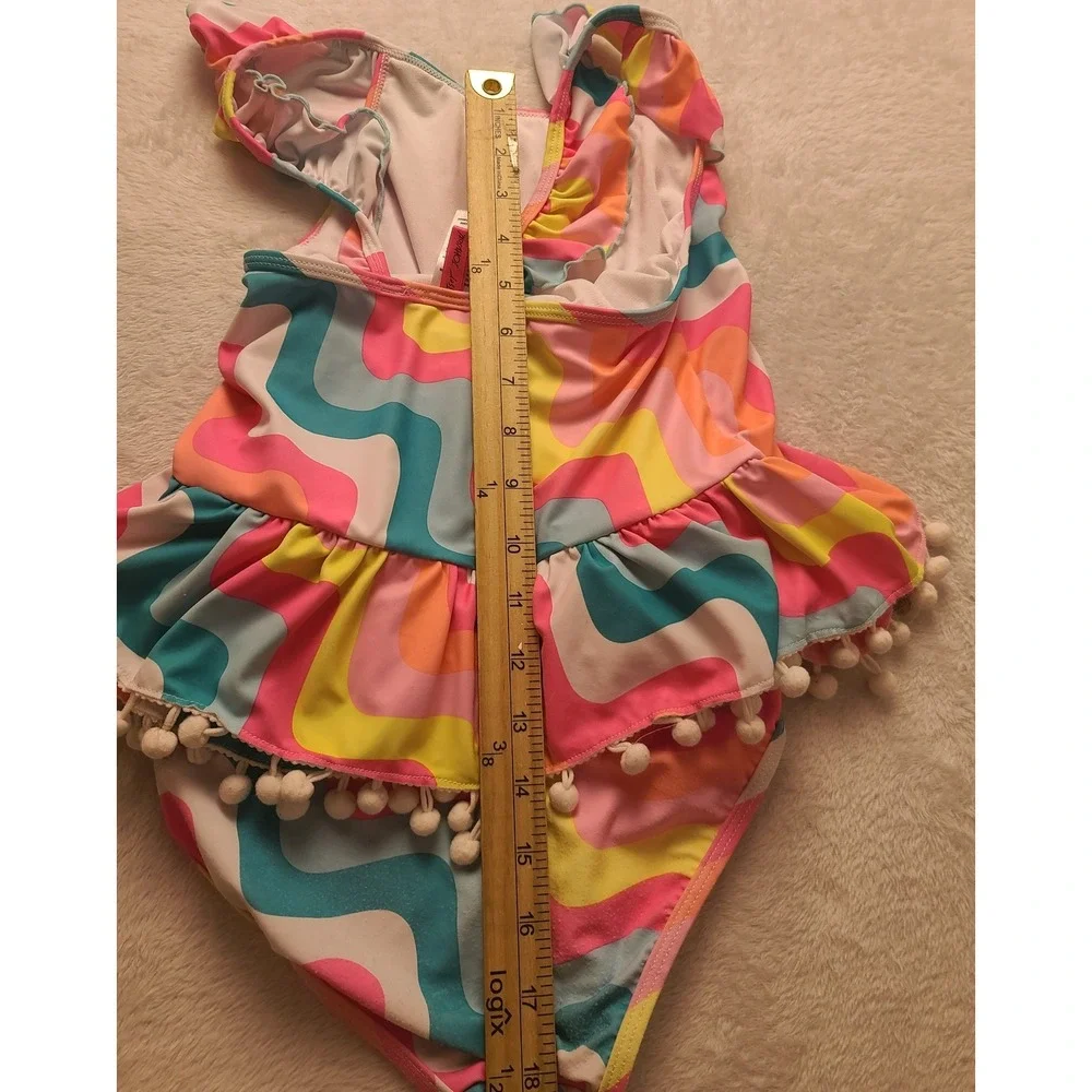 Betsey Johnson Girls XL 14 Sequin Unicorn One Piece Swimsuit Retro Wavy Pom Pom